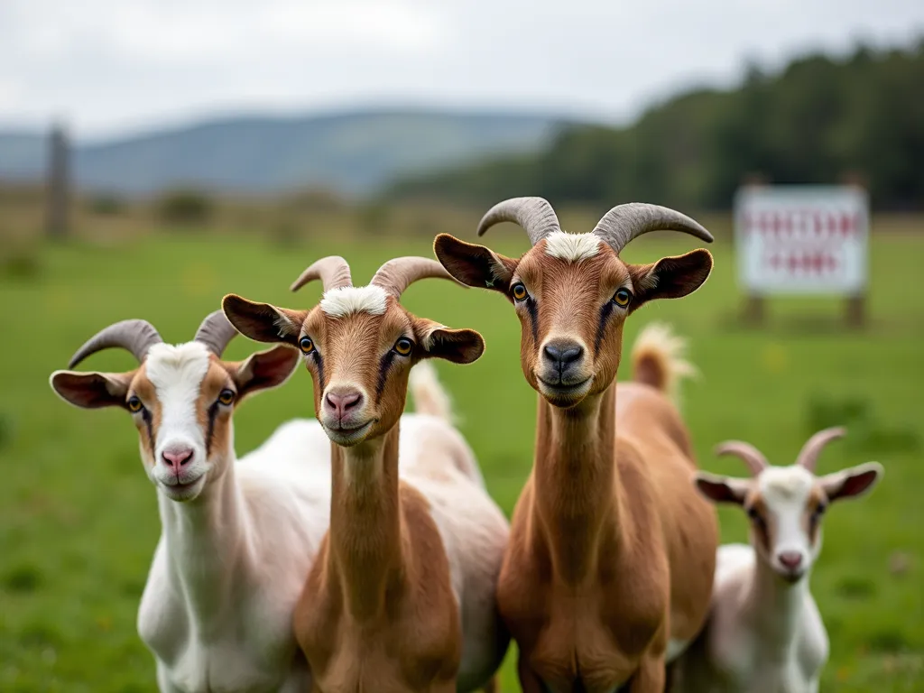 Boer Goat Family - A close-up of a Boer goat family standing together in a lush green pasture. In the distance, a welcoming sign reads 'Freedom Farms New Zealand,' indicating the happiness and freedom these goats enjoy. - AI image generated with Photorealistic 2