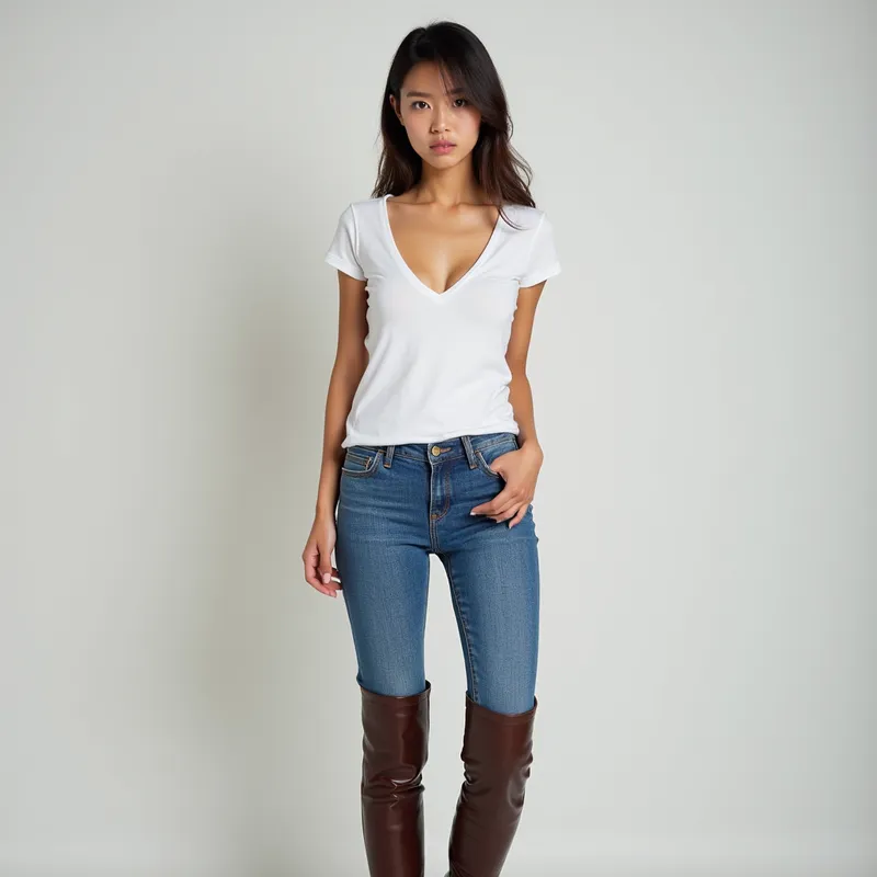 Bold Look: White Top & Riding Boots - A fashionable Chinese woman in a daring, deep v-neck white t-shirt and form-fitting blue jeans, complemented by striking brown leather equestrian boots. She looks directly at the camera with obvious annoyance in her eyes. - AI image generated with Photorealistic 2