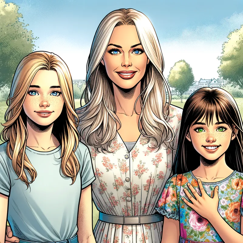 Bond of Love: Mother and Daughters - A realistic comic art style illustration of a loving mother and her two daughters. The mother, aged 35, has long, straight blonde hair, blue eyes, a slim figure, and is 170 cm tall. The older daughter, aged 16, is 165 cm tall with dark blonde shoulder-length hair, light strands around her face, a light blonde modern fringe, a mole to the right of her nose, full lips, a slim figure, and slightly darker blue eyes than her mother. The younger daughter, aged 6, is 120 cm tall with dark blonde, almost brown hair, long with a fringe, blue-green eyes, and a slim figure. All three are very pretty and beautiful, expressing the power of love between mothers and daughters. - AI image generated with Art
