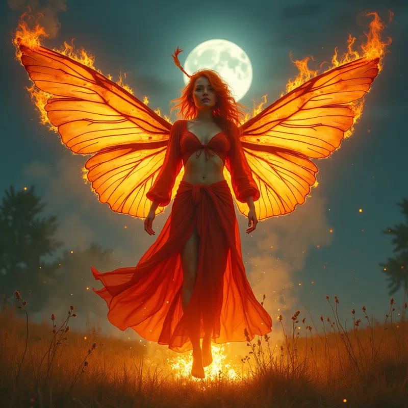 Bonfire Blaze Fairy - A fantastical, lifelike vision of a fire elemental fairy, captured mid-manifestation as she emerges from a bonfire. Her fiery orange and red hair, athletic body, and generous bosom radiate confidence beneath gossamer red robes. Large, iridescent wings made from pure fire frame her dramatic pose, set in a moonlit grassy field evoking the works of Brom, Frazetta, and Vallejo. - AI image generated with Photorealistic 2