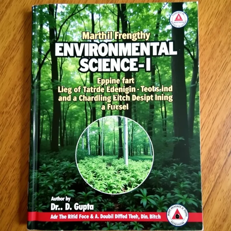 Book Cover 3 - This book cover showcases a serene forest as its background. The foreground highlights a circular image of a forest with the title 'Environmental Science - I'. Underneath the title, the author's name, Dr. S.D. Gupta, is followed by the '7th Edition' label. The publisher, Manikanth, features their logo in the top right corner, with their name aligned along the right edge and readable only if the book is inverted. - AI image generated with Photorealistic 2