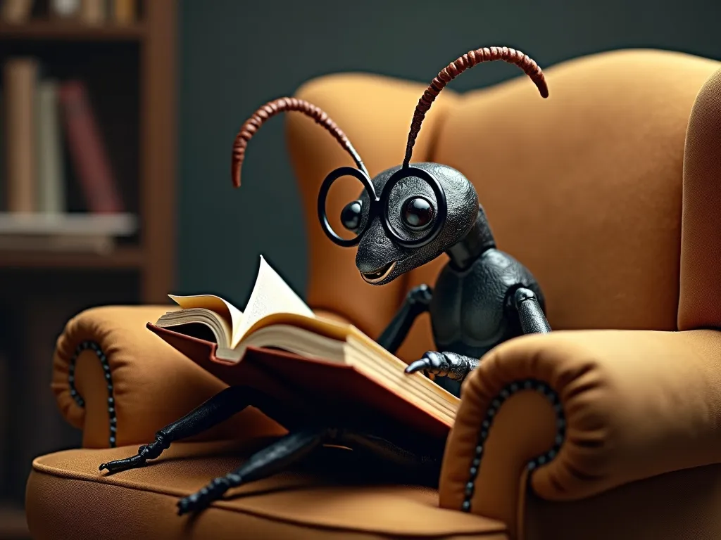 Bookworm Ant - A giant ant with horn-rimmed glasses, curled up in a large, cozy armchair, joyfully flipping through the pages of a classic book. - AI image generated with Photorealistic 2