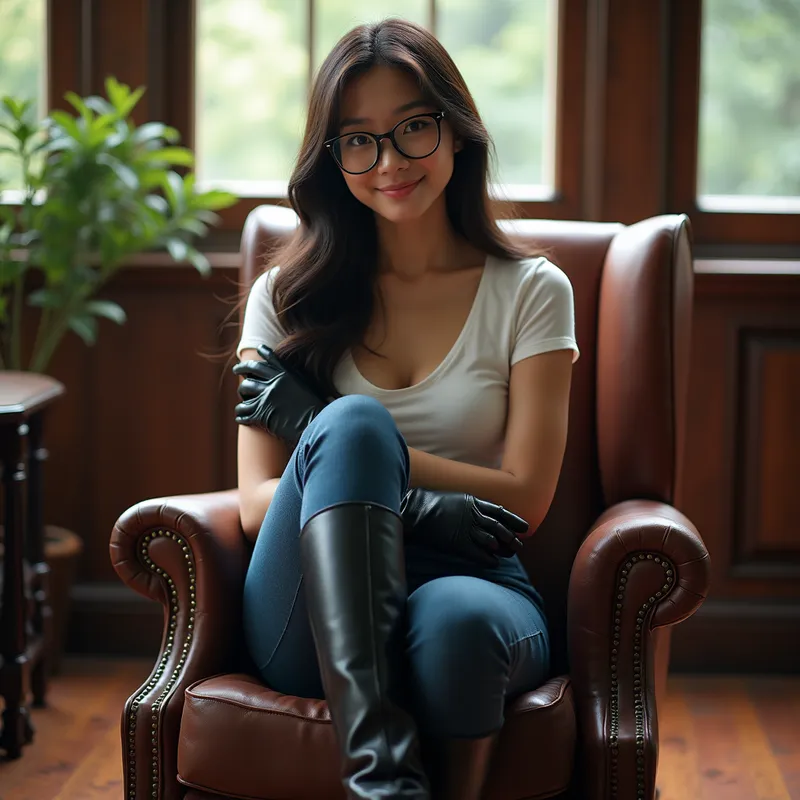 Booted Beauty in Peaceful Study - An enchantingly pretty Asian woman with remarkable facial features and silky hair wears classic glasses, a white low neckline t-shirt, black shiny leather gloves, fitted blue jeans, and long, gleaming black leather riding boots. She sits alone on an armchair in a radiant library setting with window views to a calm forest, crossing her arms beneath her chest, gazing directly at you with loving, sparkling eyes and a playful, confident smile—all depicted from a floor-level, boot-focused perspective. - AI image generated with Photorealistic 2