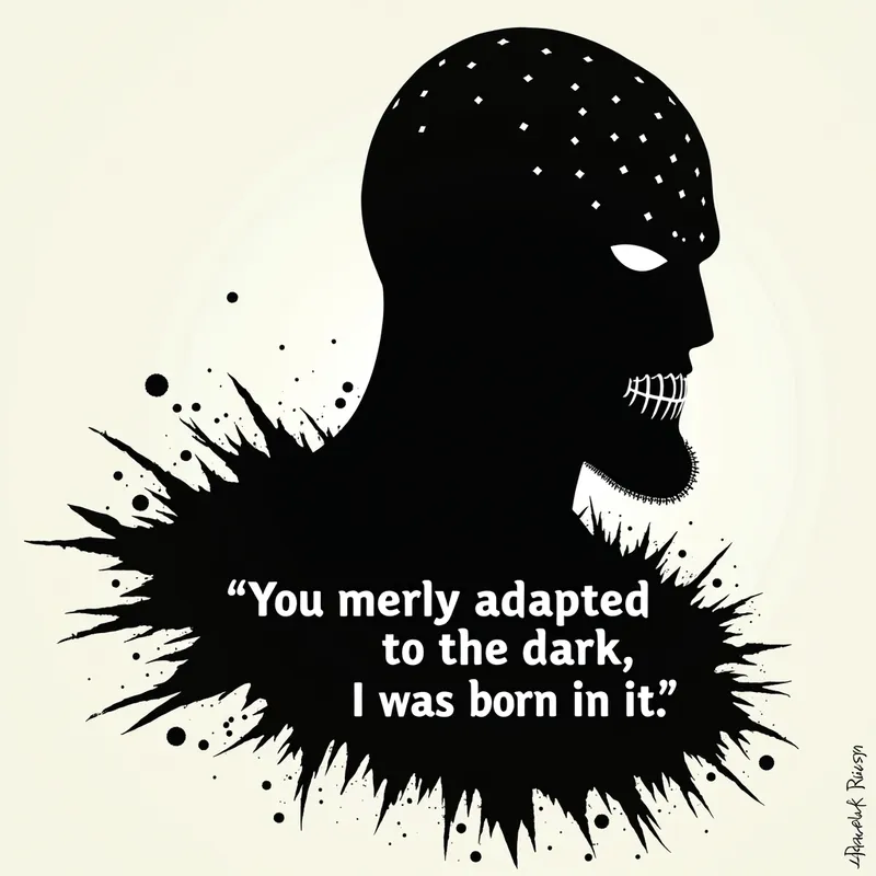 Born in Darkness - An artistic black silhouette of Bane's iconic mask from The Dark Knight Rises, accompanied by the quote 'You merely adapted to the dark; I was born in it' in a striking layout. - AI image generated with Photorealistic 2