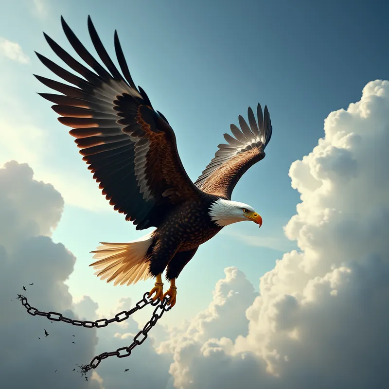 Boundless Skyward - An awe-inspiring American bald eagle takes flight, with remnants of broken chains hanging from its legs. The background showcases a vast, open sky with towering clouds, symbolizing boundless freedom and the breaking of constraints. - AI image generated with Photorealistic 2