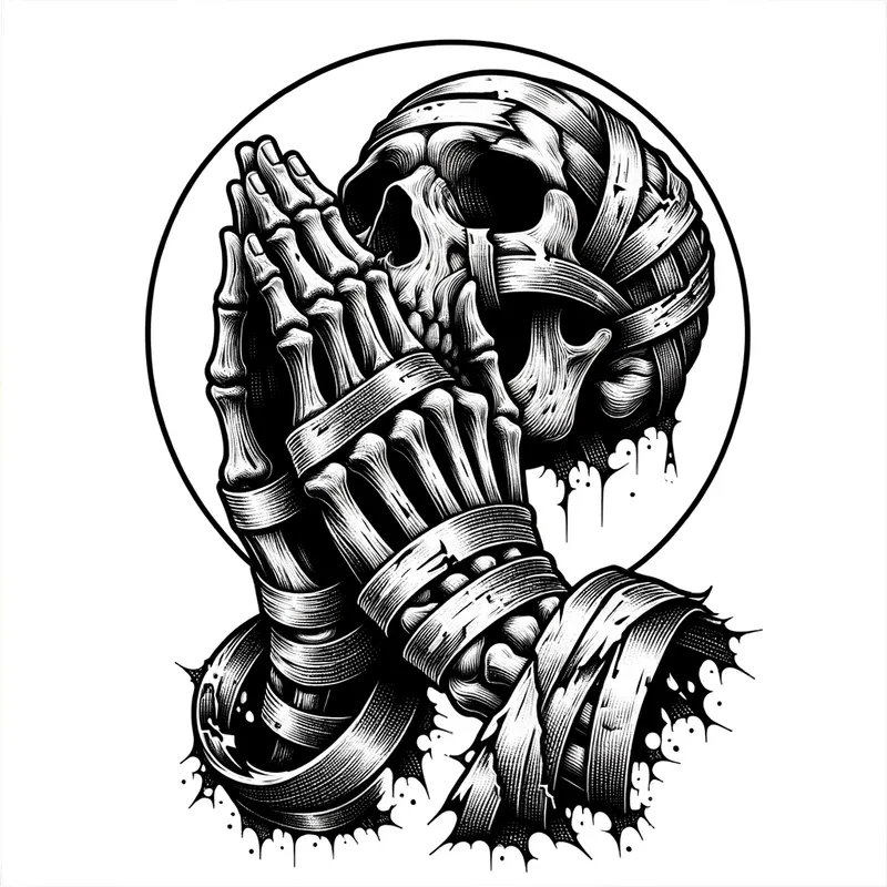 Boxer Tape Prayer - An elaborate black and white illustration of skeleton hands in a praying position, artistically wrapped with torn and textured boxer tape. - AI image generated with Art - contour drawings