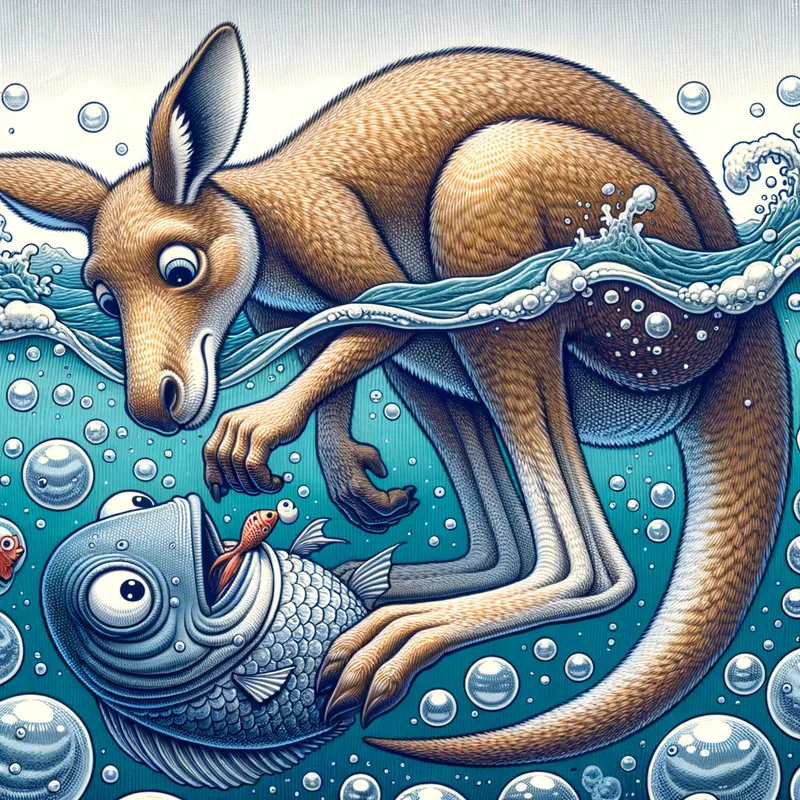 Boxing Brawl - An imaginative composition featuring a kangaroo floating in water, delivering a playful jab to a surprised fish, with bubbles and playful waves. - AI image generated with Art
