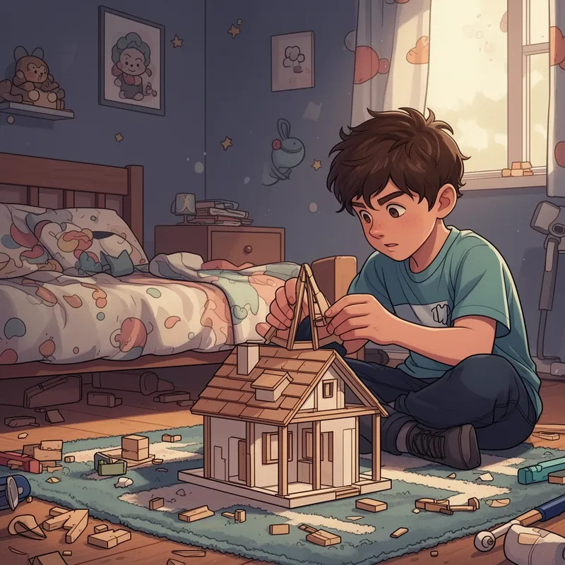 Boy Building Model House in Bedroom - A stylized digital illustration in a cel‑shaded, semi‑realistic style of a boy building a small model house in his bedroom - AI image generated with Flux 2