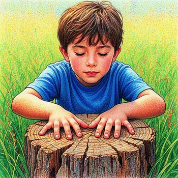 Boy Closing Eyes on Stump, Stippling Art