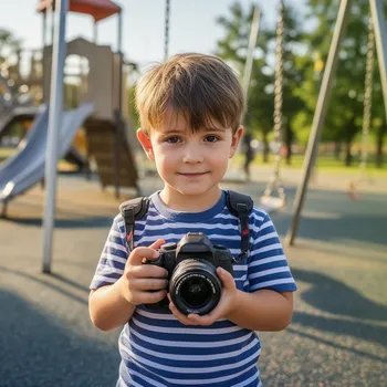 Boy Holding Camera at Playground