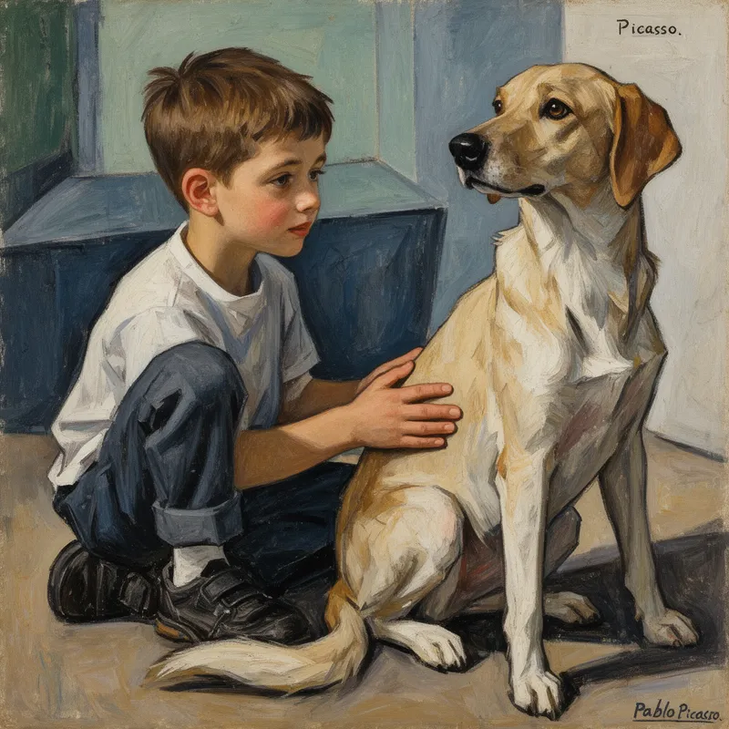 Boy Petting a Dog by Picasso - A boy petting a dog - AI image generated with Flux 2 - Pablo Picasso