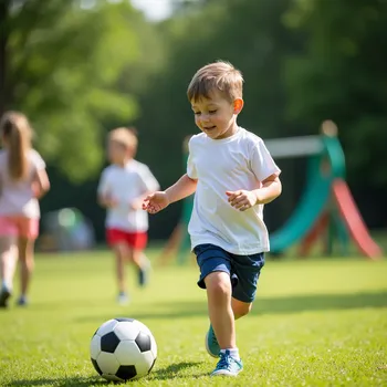 Boy Playing Football in Sunny Playground