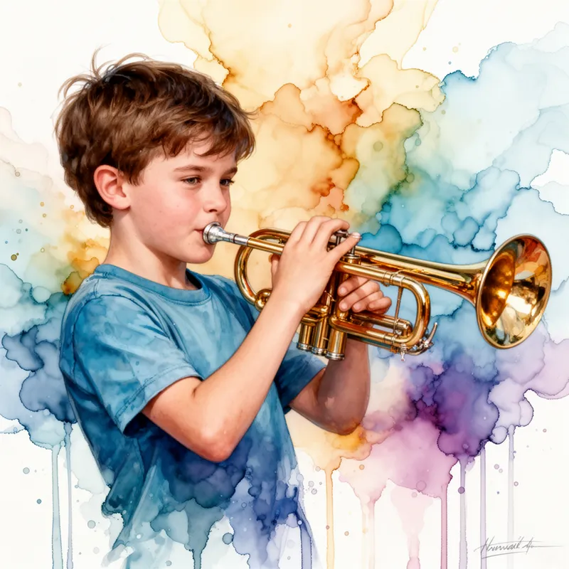 Boy Playing Trumpet in Alcohol Ink Style - A boy playing a trumpet - AI image generated with Flux 2 - alcohol ink