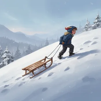 Boy Pulling Sled Up Snowy Hill