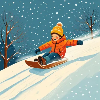 Boy Sledding Down Snowy Hill