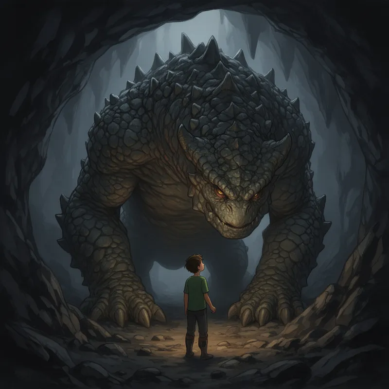 Boy Talks to Cave Monster - A stylized realistic illustration with a cinematic, storybook feel of a boy talking to a huge, scaly monster at the entrance of a dark cave - AI image generated with Flux 2