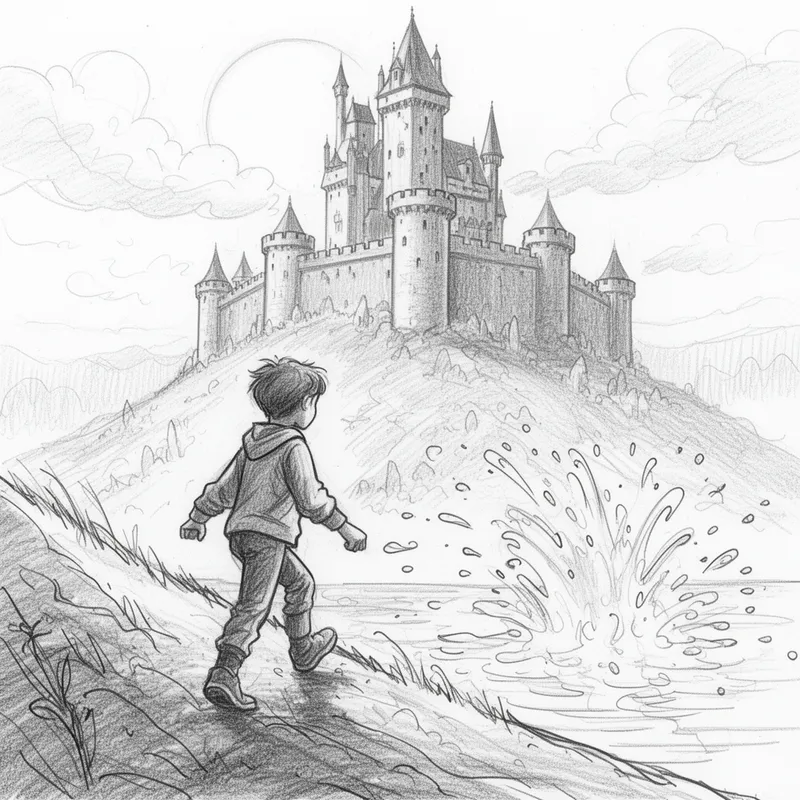 Boy Walking Uphill to Castle Sketch - A boy walking up a slope towards a castle - AI image generated with Flux 2 - water splashes, sketching