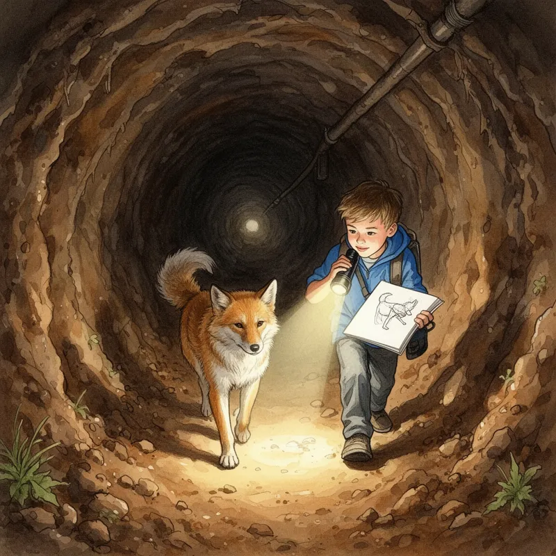 Boy and Dog in Tunnel with Flashlight - A boy and a dog walking through an underground dirt tunnel, and the boy is shining a flashlight - AI image generated with Flux 2 - sketching, watercolor