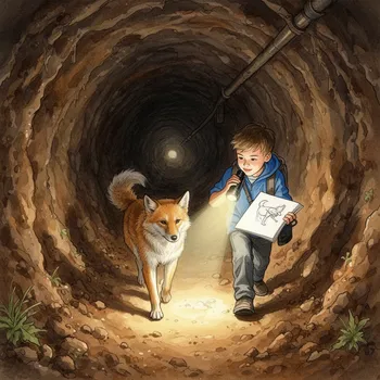 Boy and Dog in Tunnel with Flashlight