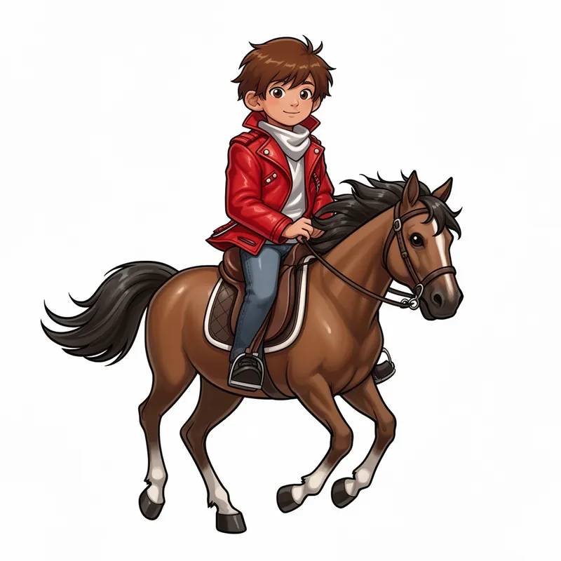 Boy in Red Jacket on Horse - A clean, stylized illustration with bold line art with cel shading and a subtle airbrushed highlight of a boy with brown hair wearing a red, stylish jacket and riding a horse - AI image generated with Flux 2