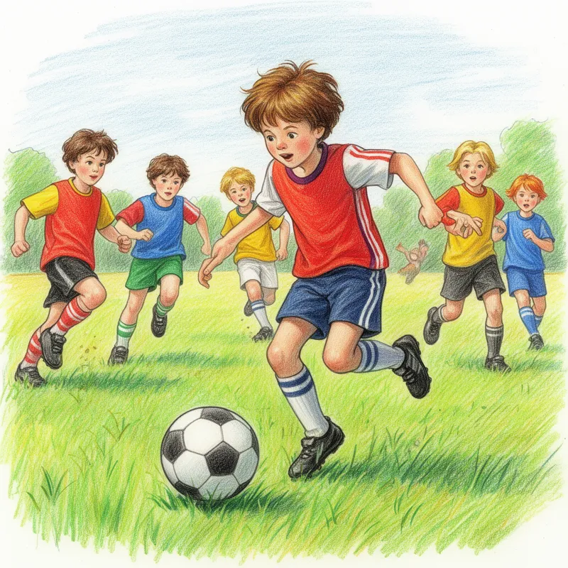 Boys Playing Soccer, Pencil Drawing - A boy playing soccer with other children outdoors in a field - AI image generated with Flux 2 - vivid colors, pencil drawing