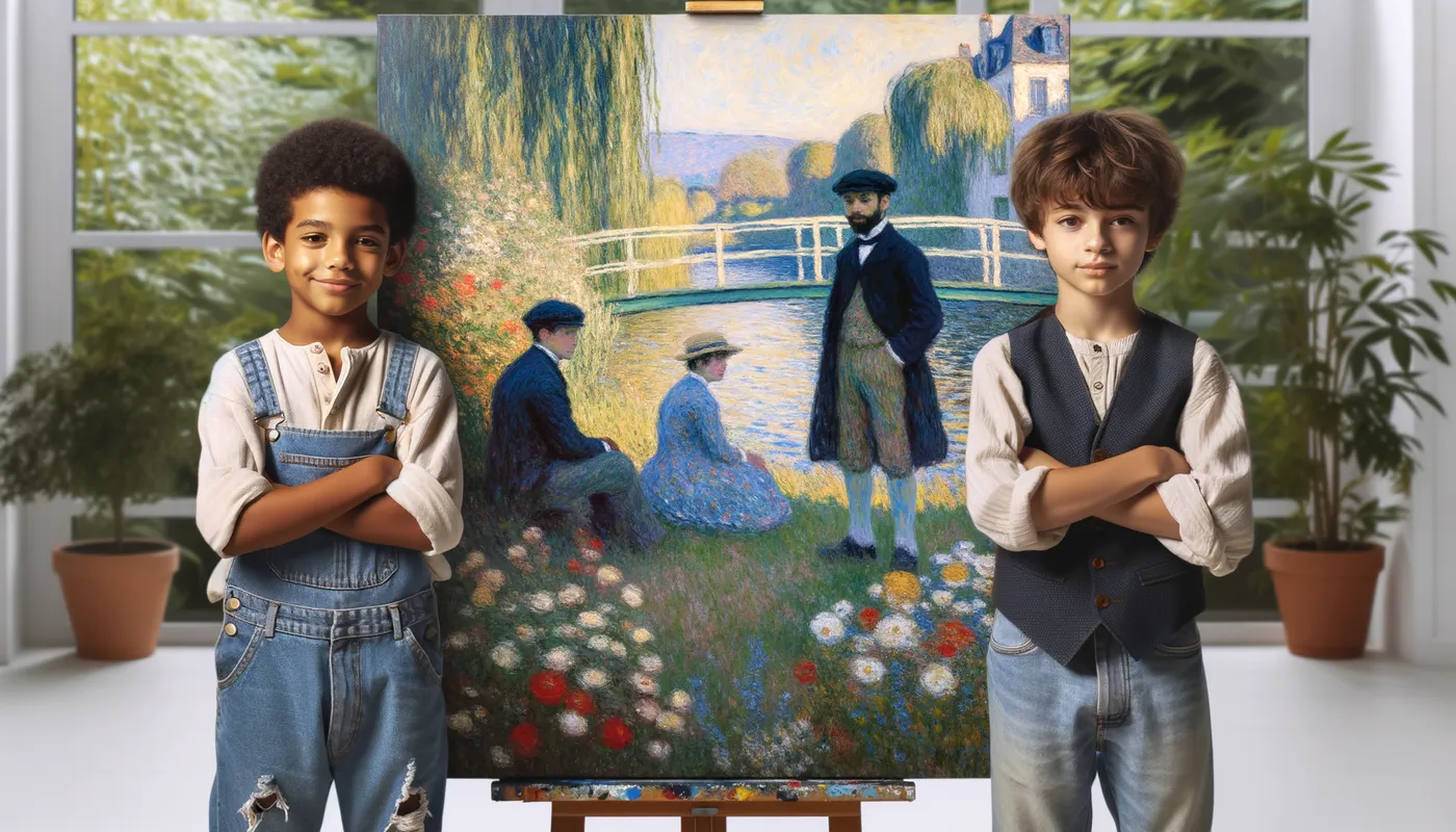 Boys in a Meadow - boys model - AI image generated with Art - Claude Monet painting