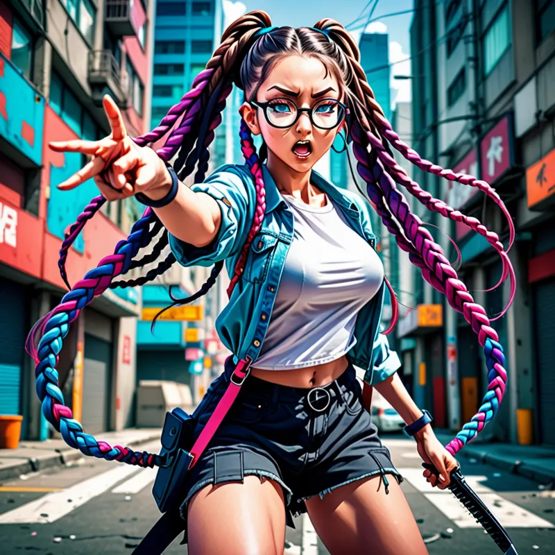 Braided Arsenal - Anime-style girl with oversized round glasses, her long braids transformed into dynamic weapon-like extensions, striking an action pose in a dramatic urban background, vibrant colors, detailed cel shading, energetic composition. - AI image generated with Fictional