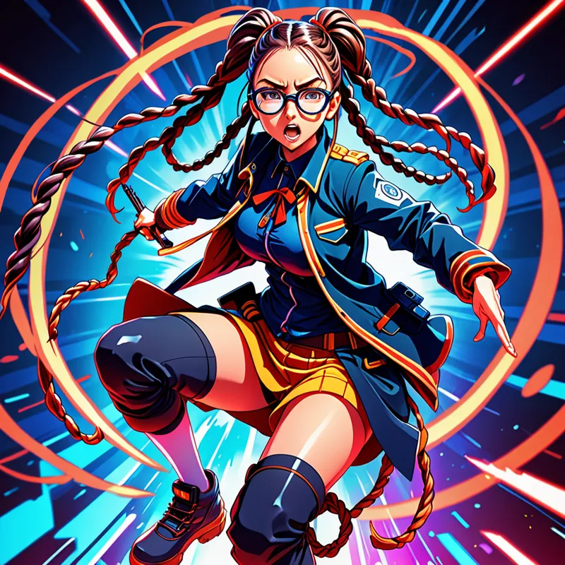 Braids of Power - High-energy anime-style illustration of a girl wearing big round glasses, with long braids reimagined as powerful combat weapons, dramatic perspective, detailed costume design, intense motion, bright saturated palette. - AI image generated with Fictional