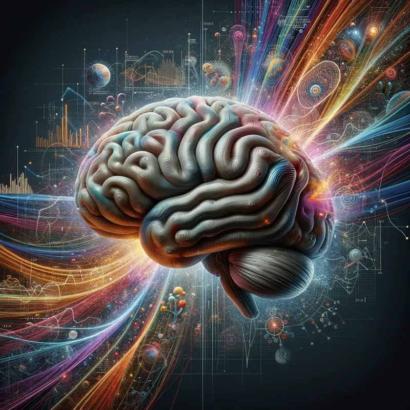 Brainstorm of Information - An ultra-realistic brain, with vivid threads of data and information, such as graphs and charts, bursting out like a brainstorm session in progress. - AI image generated with Art