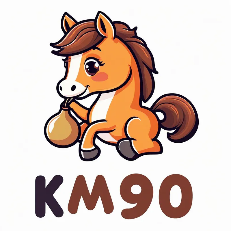 Branding Horse With Mate - A delightful, Disney-style cartoon horse rendered with clear vector lines, soft rounded features, and vibrant coloring, happily sipping mate from a traditional gourd. The horse boasts an endearing smile and expressive eyes, perfect for a friendly brand identity. Below, the name 'KM90' appears in a rounded, playful typeface matching the logo’s warmth, with a minimal white or transparent background for high logo clarity and visual appeal. - AI image generated with Nova Canvas