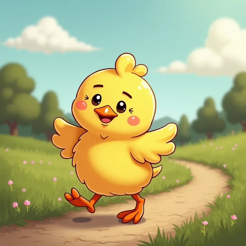 Brave Nugget On the Move - A whimsical cartoon chicken nugget with tiny legs and a determined expression, confidently walking away on a small countryside path. - AI image generated with Photorealistic 2