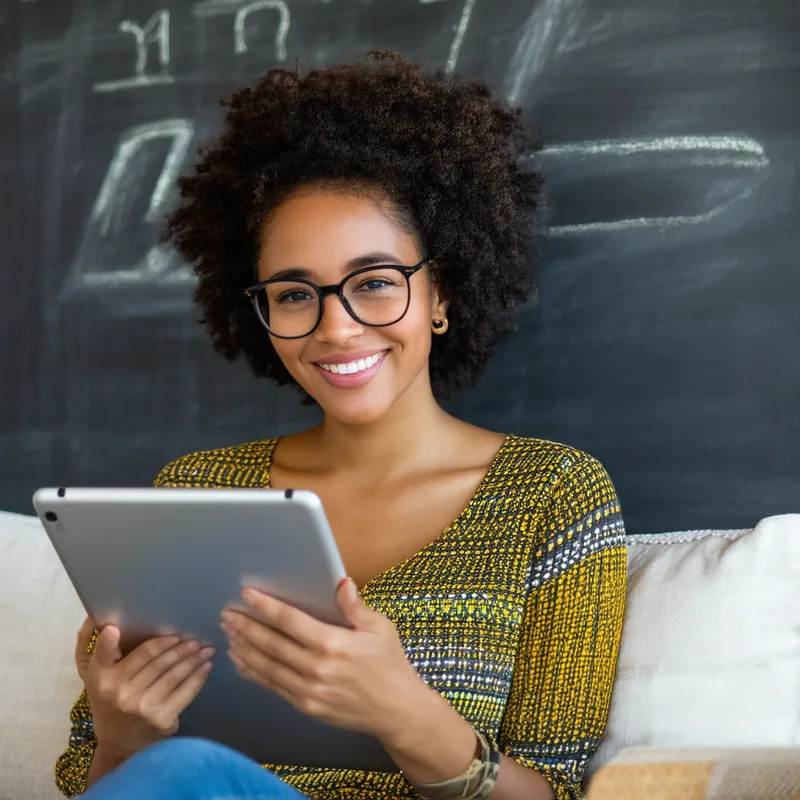 Brazilian Teacher Reading on Tablet - Brazilian teacher sitting comfortably with a tablet reading and studying. She wears glasses.