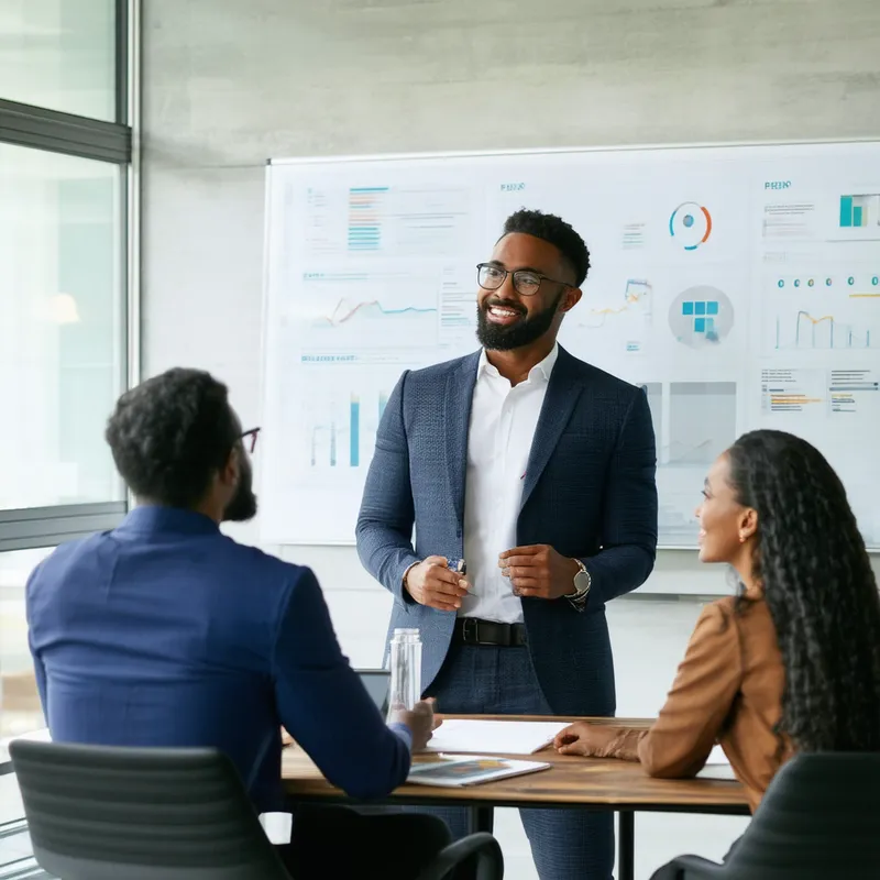 Brazilian Team Meeting Presentation - Three people in a meeting, wearing corporate attire. They are all Brazilian, one man and two women. One woman is giving a presentation on the whiteboard. There is a project on the table.