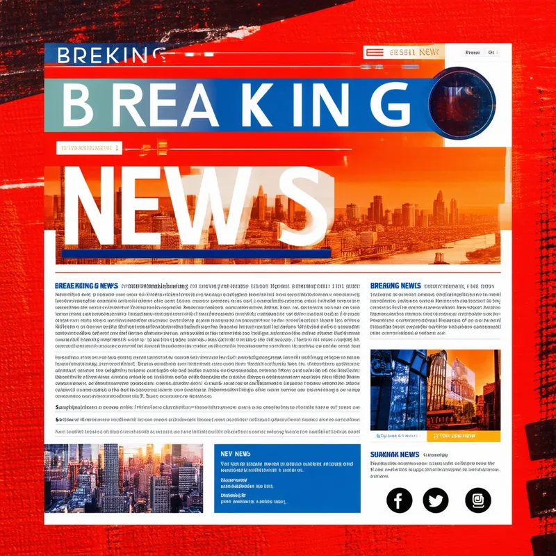 Breaking News Instagram Post - An eye-catching Instagram post designed to deliver breaking news. The image features a bold and dynamic layout with a striking headline in large, attention-grabbing font. Visual elements include a vibrant and modern color scheme, a background image related to the news topic (e.g., a cityscape, a newsroom, or relevant imagery), and icons or symbols like news banners or microphones. Text placeholders for the headline and brief summary are complemented by social media icons for easy sharing.
