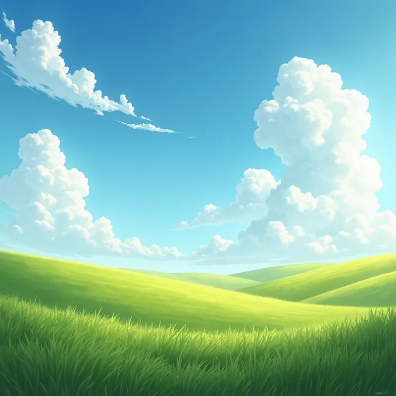 Breezy Grassland Under Sunny Skies - A serene landscape featuring a vast expanse of green grassland under a clear blue sky with fluffy white clouds scattered throughout. The grass sways gently in the breeze, and the sunlight casts a warm glow over the entire scene. - AI image generated with Photorealistic 2