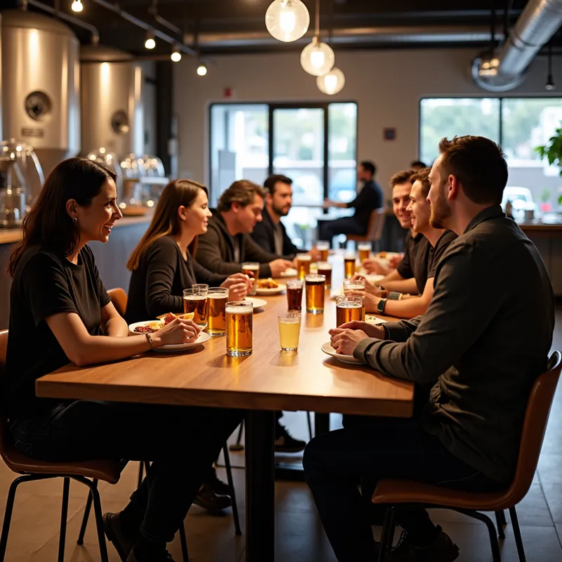 Brewery Lunch with Coders - 8 employees from a software company having lunch together at a micro-brewery. There is a bar on the side and the brewery tanks in the back. They sit around a long high-chair table. It's 2 women and 6 men. One half of the table is having dessert right now, the other half skipped dessert. - AI image generated with Photorealistic 2