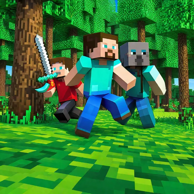 Brian Stalking Steve in the Woods - hero Brian from minecraft in the woods staliking normal steve - AI image generated with Photorealistic
