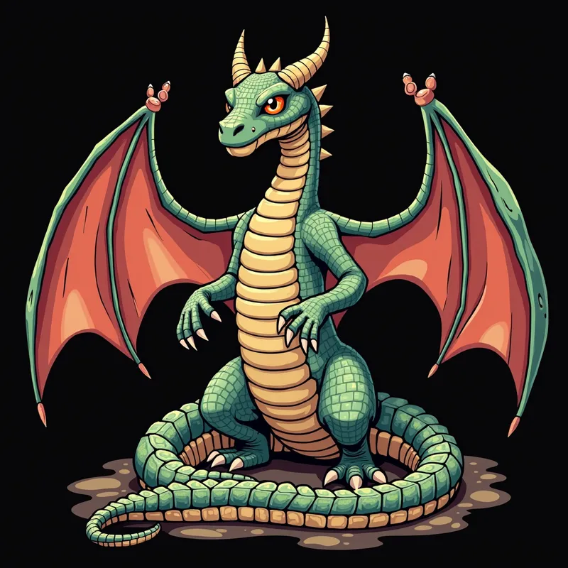 Brick-Skinned Snake with Dragon Wings - Anime style Snake monster with skin of brick and dragon wings.  Black background - AI image generated with Flux