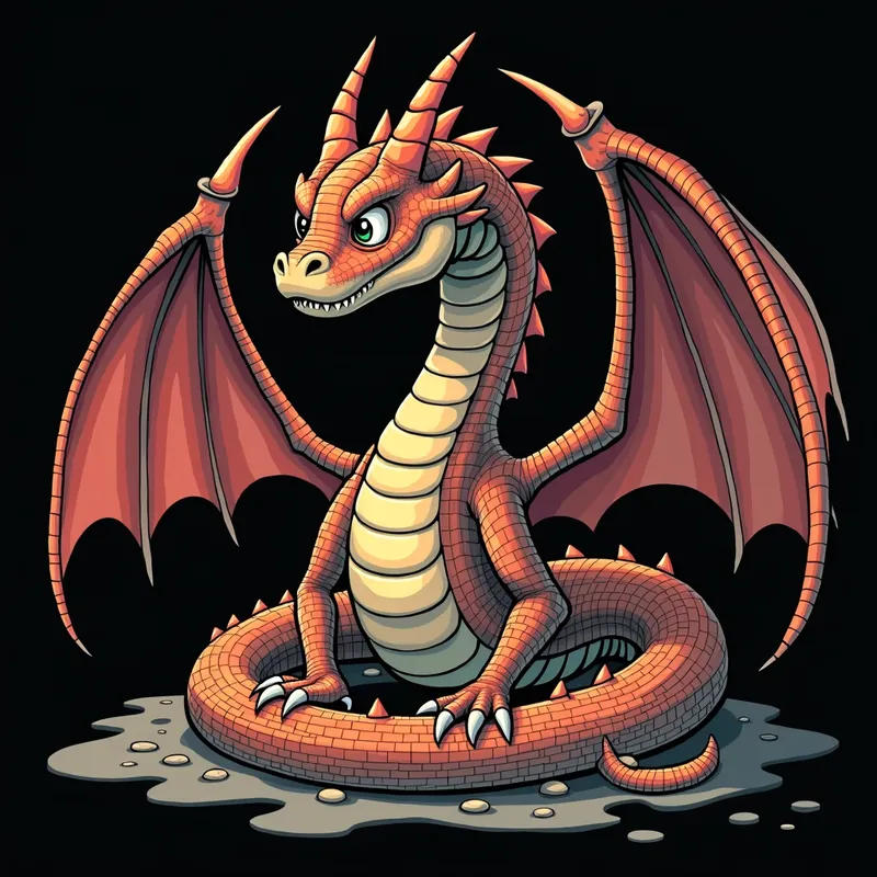Brick-Skinned Snake with Dragon Wings - Anime style Snake monster with skin of brick and dragon wings. Black background - AI image generated with Flux