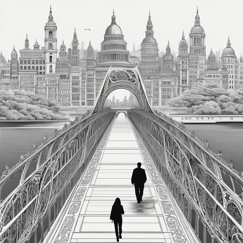 Bridges of Learning - A landscape black and white image depicting a mature figure walking across a series of ornate bridges, each bridge constructed from open textbooks, spanning over a river of challenges, with a cityscape of educational institutions in the background. - AI image generated with Photorealistic - minimalist line art