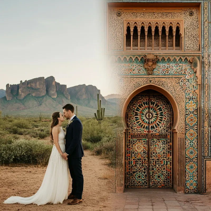 Bridging Cultures Wedding Invitation - A wedding invitation background merging an American wedding at Lost Dutchman State Park featuring the Superstition Mountains and desert flora with a Moroccan wedding theme of colorful geometric patterns and traditional Moroccan architecture, blending smoothly in the center to symbolize the union of cultures. - AI image generated with Imagen 3