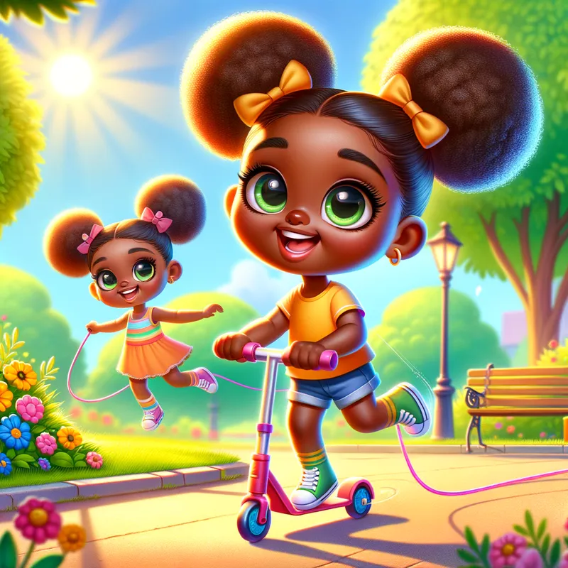 Brielle's Playful Day - Depict Brielle's delightful day filled with various activities like jumping rope or riding a scooter. Make Brielle the central character with expressive eyes, medium brown tone, and two big puffs, showcasing her joyful nature. - AI image generated with Art