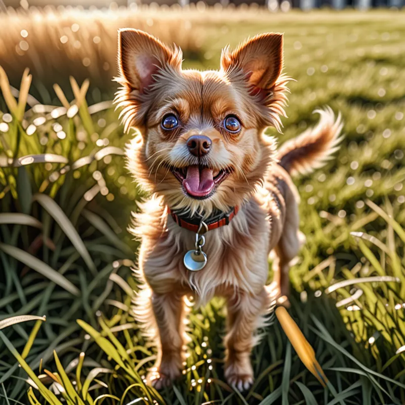Bright-Eyed Backyard Companion - A charming small dog with light brown fur and vivid bright eyes standing on fresh sunlit grass, looking adorable and energetic, realistic photographic detail. - AI image generated with Fictional