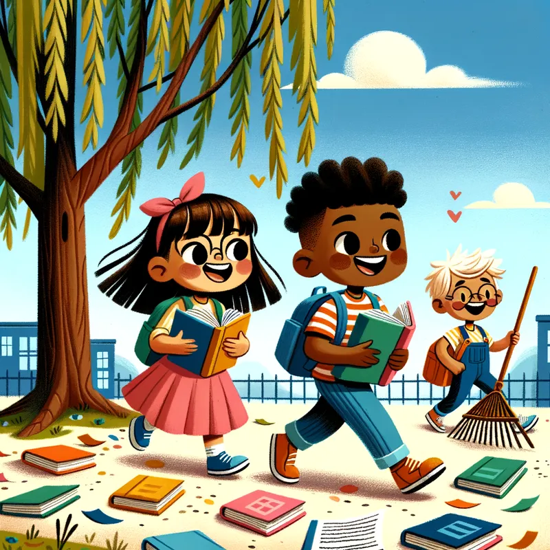 Bright Schoolday - david wiesner inspired today's african american and latino kids having fun walking to school holding colorful books  with a willow tree with pages on the ground and a rake and a blue sky for kids - AI image generated with Art - gouache technique, cartoony