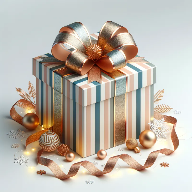 Bright Surprise - A festive gift box decorated with alternating stripes of #d71269 and #f45d20, placed on a clean white backdrop. - AI image generated with Art