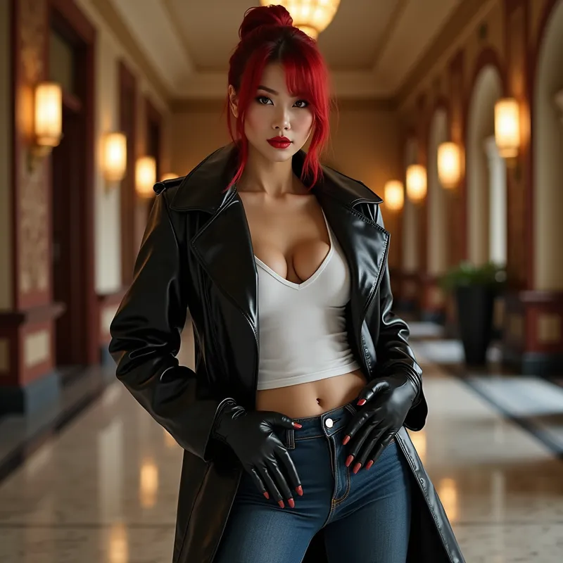 Brilliant Black & Red Empress - Depict a majestic Chinese femme with a sublime face, medium red hair styled with a prominent front strand, dressed in a jet-black shiny leather coat, revealing deep-cut white tee, oversized black leather gloves, low-rise jeans, and tall, stiff, shining black riding boots. In an opulent high-ceilinged building hall, she bends intimately forward, hands planted on hips, red eyes radiating passionate playfulness. - AI image generated with Photorealistic 2
