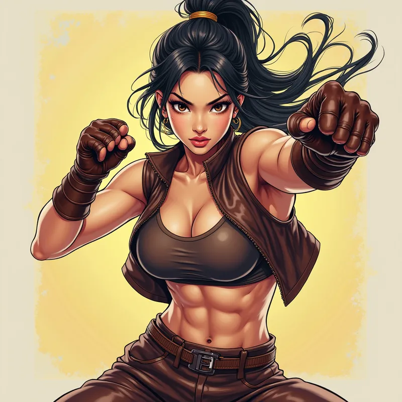 Brilliant Manga Defender - A graceful yet fierce Asian female fighter in glossy brown leather gloves and boots, wearing a chic gilet and shiny pants. Captured in a magnificent, colorful manga style, she assumes a defensive martial arts guard, facing the viewer head on, her posture ready to unleash a powerful attack directly ahead. - AI image generated with Photorealistic 2