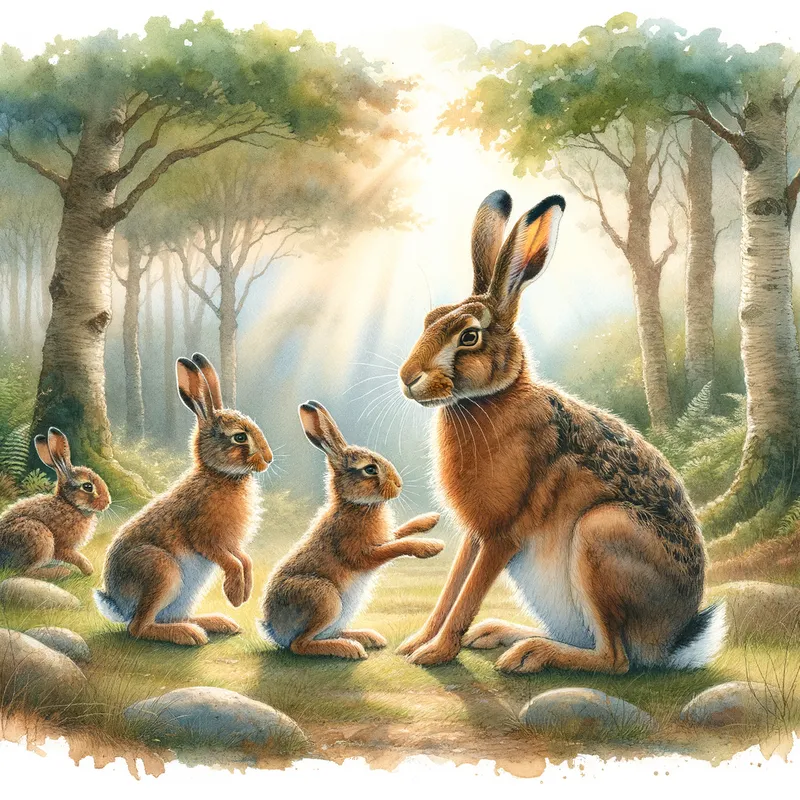 Brown Hare Family - A heartwarming illustration featuring a family of brown hares, with adults and young hares playing together in a peaceful, sunlit woodland clearing. - AI image generated with Art - watercolor