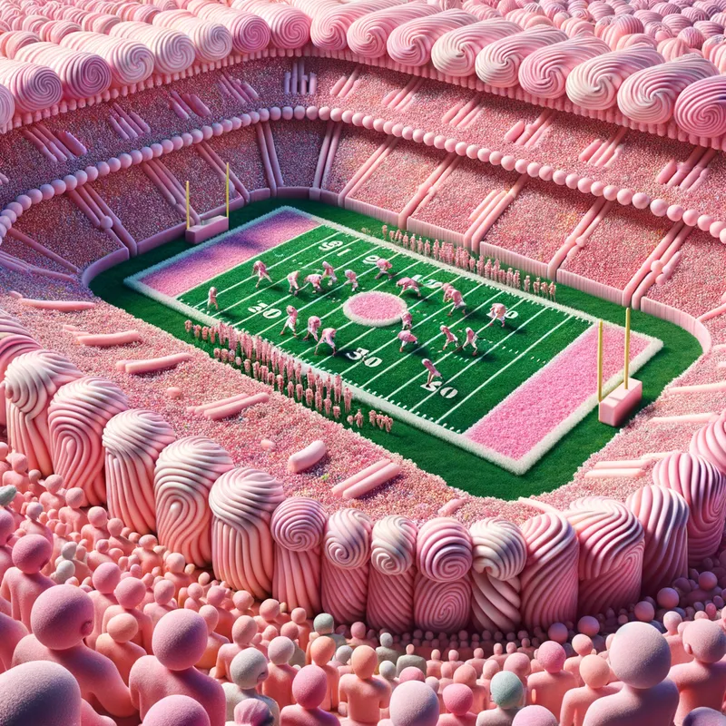 Bubblegum Bowl - A whimsical image of a football stadium constructed entirely out of pink bubblegum materials, complete with players mid-play on a field of lush, candy-inspired turf. - AI image generated with Art