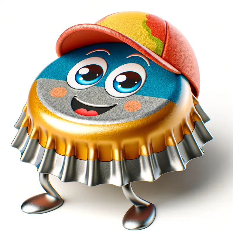 Bubbly Brew Buddy - A colorful, cartoon-style steel beer cap with a delightful face and playful legs, creating a fun and engaging design for a refreshing beverage. - AI image generated with Art